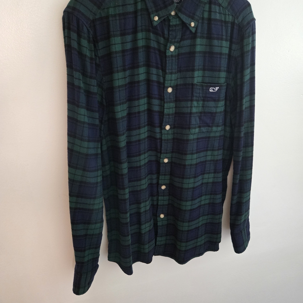 Vineyard Vines Navy and Green Plaid Shirt